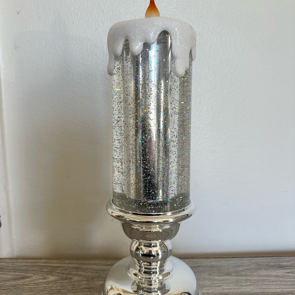 Glittering Silver LED Candle with Holder
